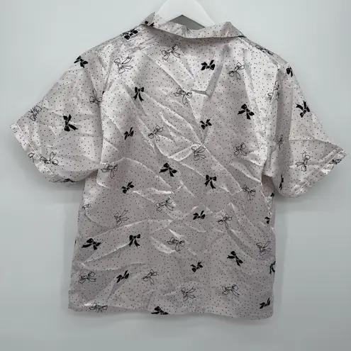 Exit 51 Vintage Pink Satin Bow Pajama Top Polka Dot Size Small