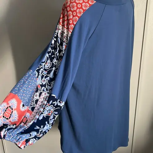 New Boho Balloon Sleeve Color Block Patchwork Jersey Knit Top Long Sleeve Blouse Blue Size L