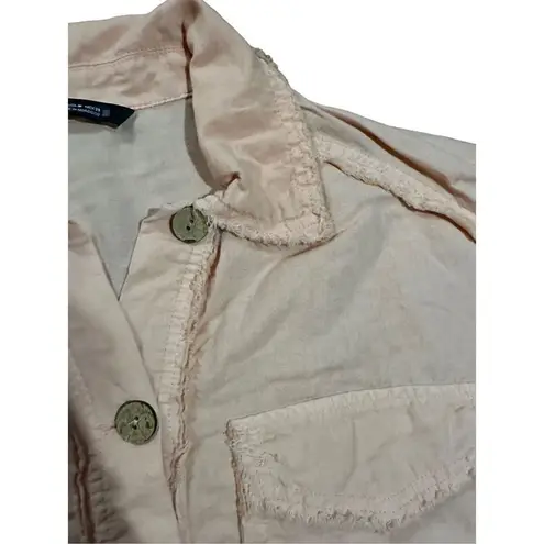 ZARA  peach pink button up jacket fringe hems sz M thumbnail 6