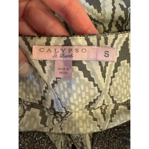 Calypso St. Barth Shirt Women Small Ivory Brown Metallic Thread Ikat Print Tunic