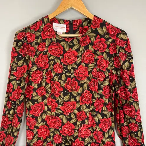 Vintage 80s Floral Dress Roses Dropped Waist Long Sleeve Modest Black Red Retro Size 8