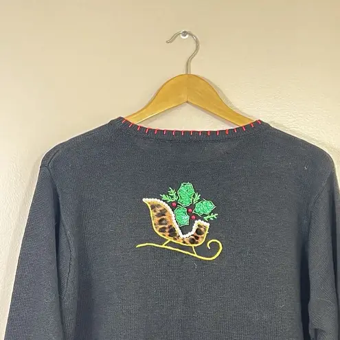Vtg Christmas Cardigan Ugly Sweater Black XL Bling 90s Y2K Snowflake Sleigh