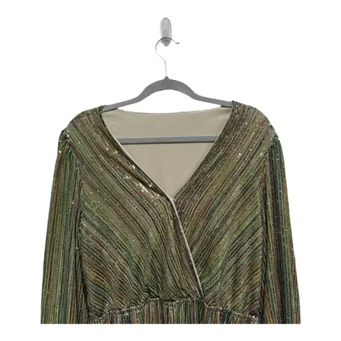 Sequin Cross Over Front Dress Green Striped Snap Closure Medium Holiday Party