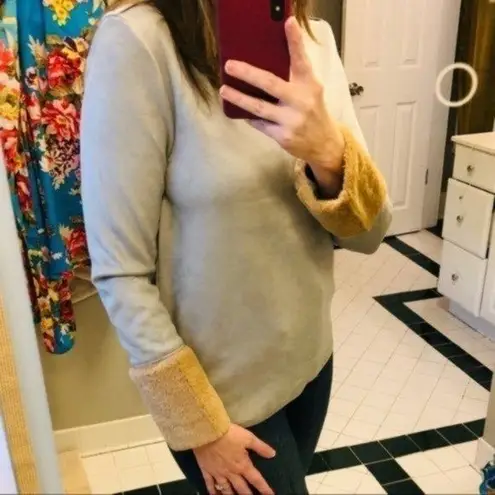 Catherine Malandrino Soft Faux Suede Leather Faux Fur Cuff Long Sleeve Top Grey