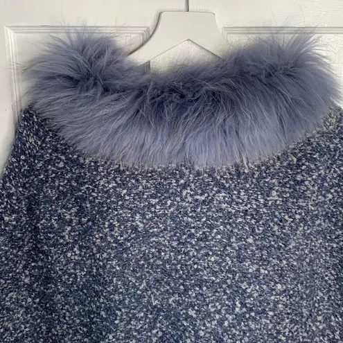 J. McLaughlin  Blue & White Boucle Wool Button Cape with Dyed Raccoon Fur Collar