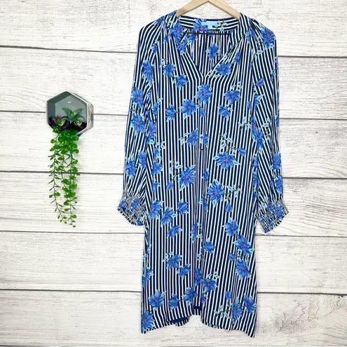Draper James RSVP Blue Striped Floral V-Neck Smocked-Sleeve Casual Dress Size XL