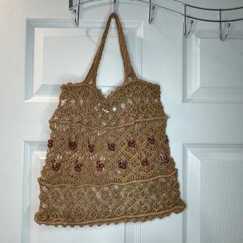 Handmade Vintage Crocheted Jute Handbag Woven Tote Bag Beaded Purse Bohemian