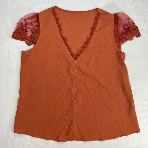 SheIn Frenchy Swiss Dot Guipure Lace Detail Embroidered Mesh Blouse Rust Orange