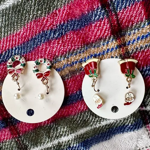 Festive Red and Green Holiday Earrings Set Santa Bell Wreath Pearl Dots