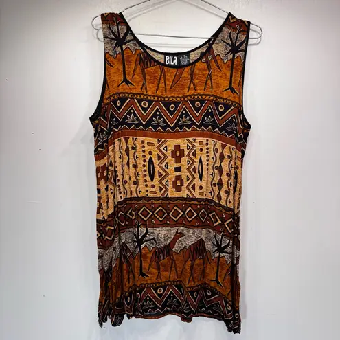 Vintage 80s Tribal Boho Tank Tunic Bila Slit Sides Southwestern Hippie Medium Brown