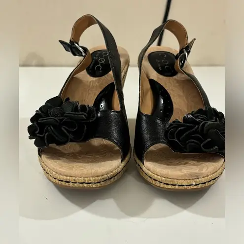 Born BOC Black Leather Floral Peep Toe Slingback Woven Wedge Heel Sandals 8