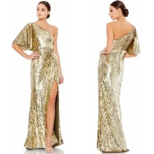 Mac Duggal One-Shoulder Sequin Column Gown in Gold Size US 12 NWT