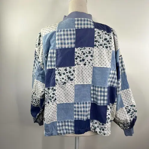 Patchwork Bomber Jacket by Tangibles Blue Cotton Florals Gingham Size M
