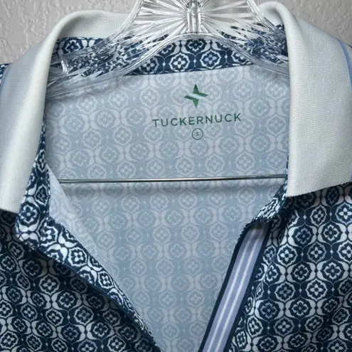 Tuckernuck Womens Size S Geometric Print Short Sleeve Polo Shirt Blue White