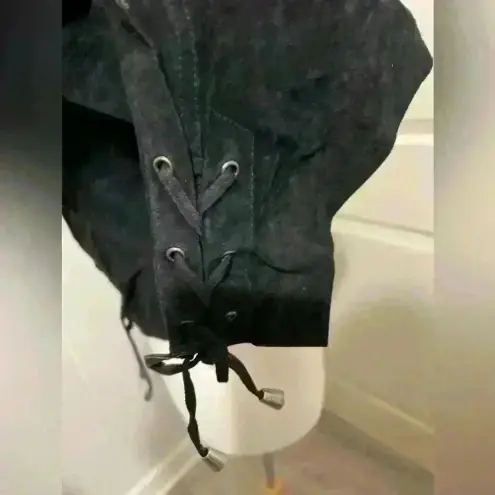 Vintage Concho Leather Suede Black Fringe Cowboy Western Festival Hippie Boho Size L