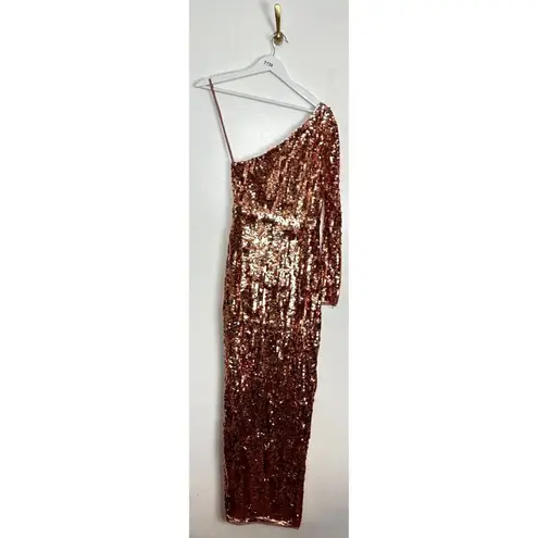 Mac Duggal Sequin One-Shoulder Long Sleeve Column Gown in Copper Size US 2