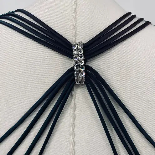 Vintage 90s Velvet Column Gown Sequin Halter Neck Strappy Back Teal Green 2