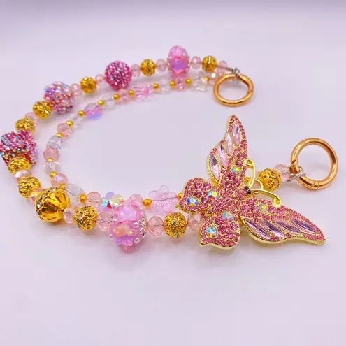 Handmade 🩷 Luxury Bag/Phone Chain Charm/Keychain Pretty Light Pink Rhinestone Butterfly