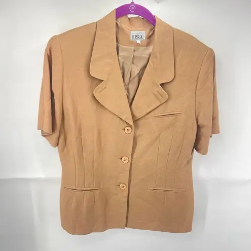 F.P.S.A vintage Three Button Blazer Jacket Short Sleeve Linen Blend Khaki Size 1 Brown