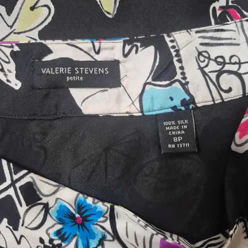 Valerie Stevens Black Floral Print Silk Knee Length Midi Skirt Y2K Size 8 Petite