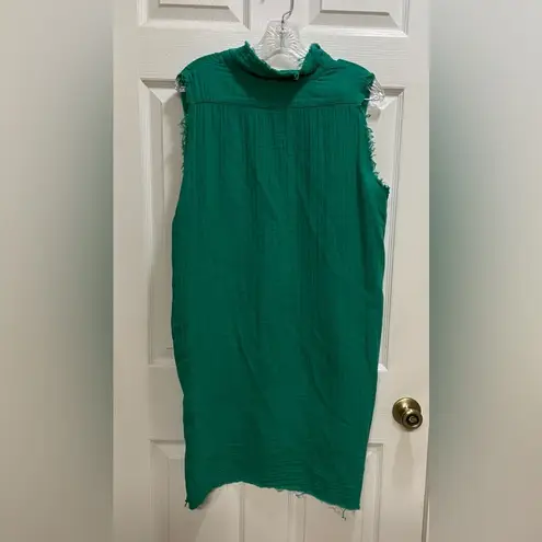 Stark X Cotton Gauze Sleeveless Dress Pockets Flowy Collared Breezy Med Green