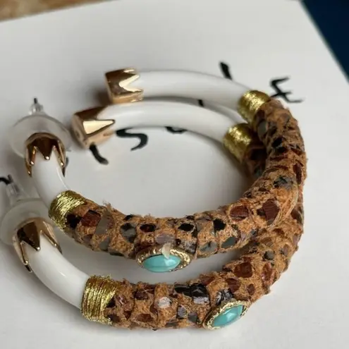 Turquoise Stone & Leopard Print Hoop Earrings With Gold Accents White