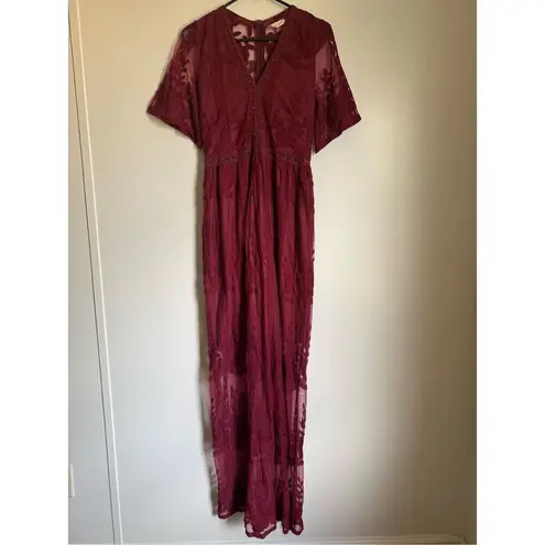 Art Ephect Womens Embroider Crochet Floral Sheer Maxi Dress sz S Whimsigoth Boho Red