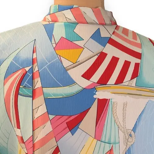 Vintage Top Blue Yellow Nautical Sailboat Print Crinkle Fabric Short Sleeve 16
