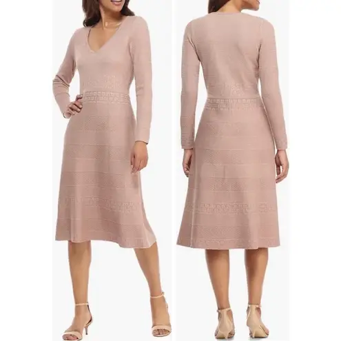Gal Meets Glam Heidi Mixed Stitch Long Sleeve Midi Sweater Dress Blush Pink XS