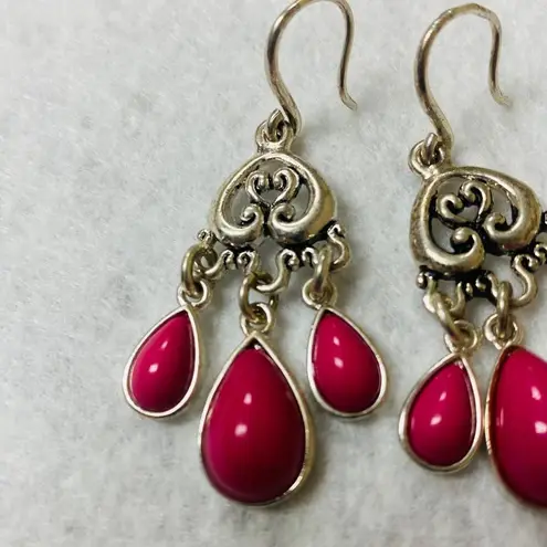 Pink Teardrop Cabochon Silver Color Metal Dangle Drop Hook Pierced Earrings