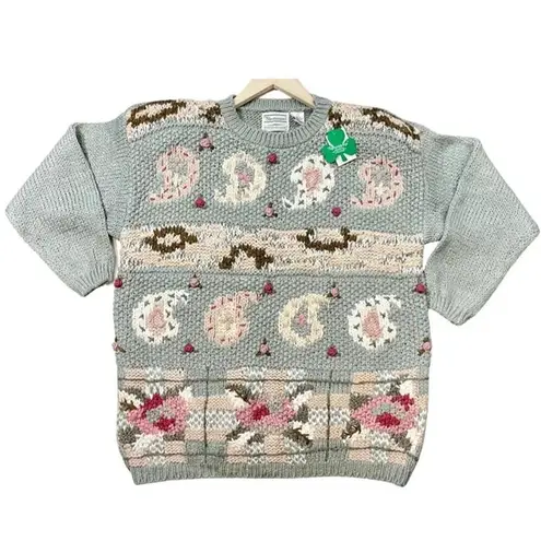 NWT Vintage Shenanigans Hand Knitted Floral Cottage Core Grandma Sweater Green Size L
