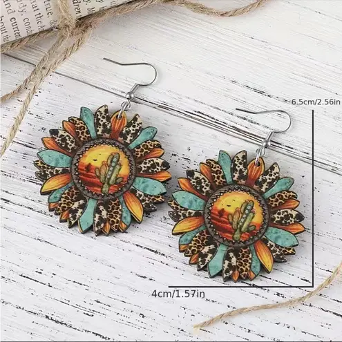 Sunflower shaped pendant drop‎ leopard pattern wooden hook earrings