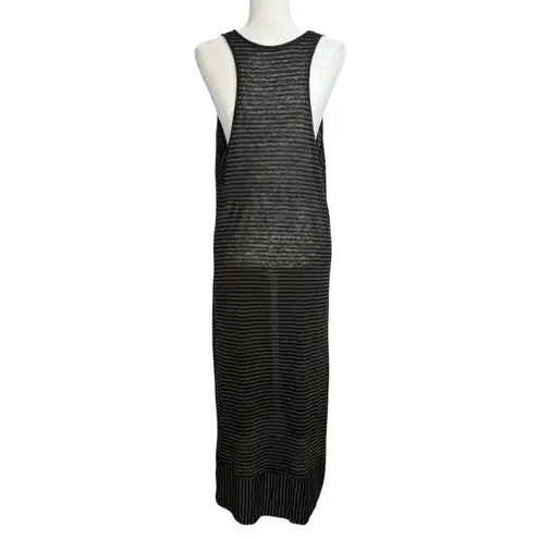Eileen Fisher  100% Linen Midi Dress XL Black Gray Stripe Sleeveless Hi Low Hem‎
