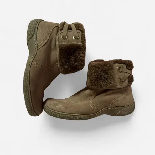 Bare Traps Legend Brown Leather Faux Fur Trim Ankle Winter Boots Women's