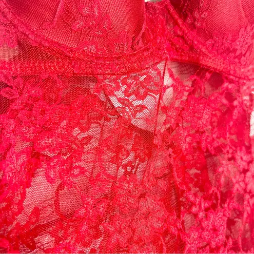 Jesebel Sheer Red Floral Lace Bustier Bra Top Chemise Slip Lingerie Size Large