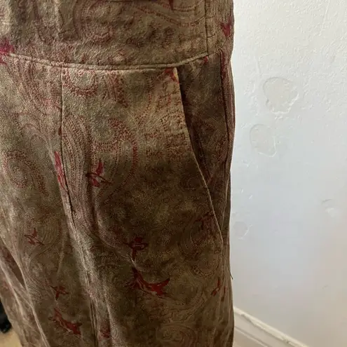 Vintage 80s Authentic Imports leather green red paisley A line maxi skirt medium Brown