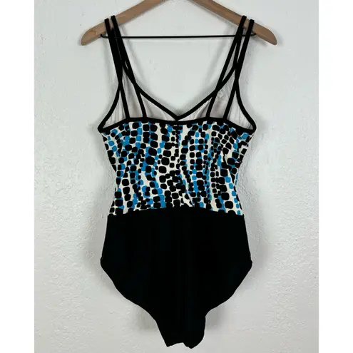 MiracleSuit Black/ Blue Dot V-Neck Double Strap One Piece Swimsuit Size 16