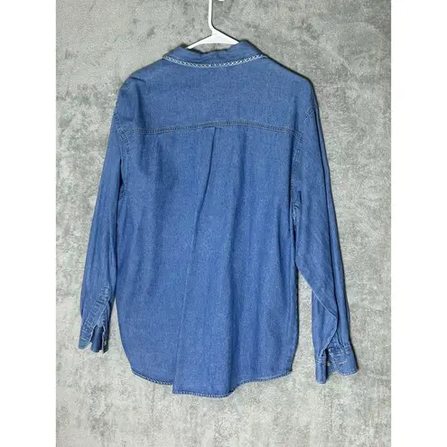 Vintage Bill Blass Denim Christmas Shirt XL Embroidered Snowflakes Polar Bear Blue