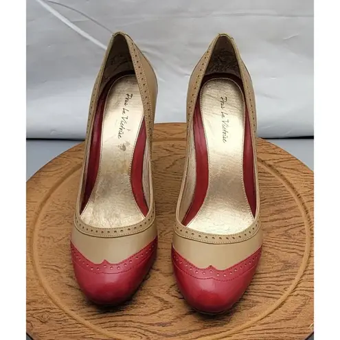 Pour La Victoire Tan / Red Leather Mary Janes Pumps Heels Women's Size 9.5