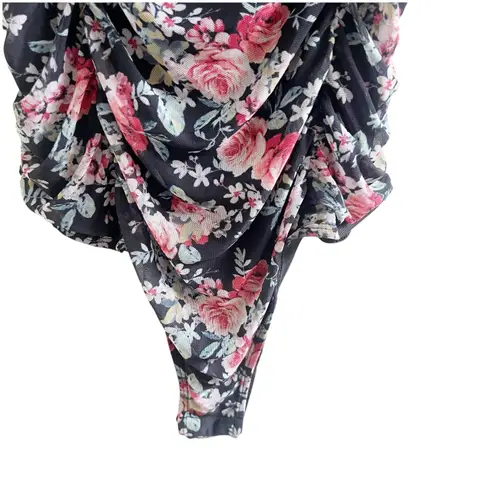 Free Press Bodysuit Black Ruby Floral Size Large NWT Ruched Romantic Coquette
