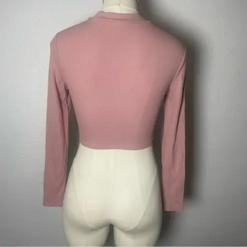 Pink Ribbed Long Sleeve Mock Neck Crop Top – Small – Y2K Minimalist Layering
