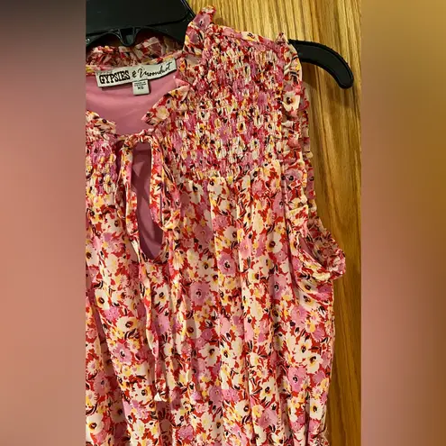 Gypsies & Moondust Pink Floral Smocked Bodice Ruffled Tiered Mini Dress Size XS - Image 7