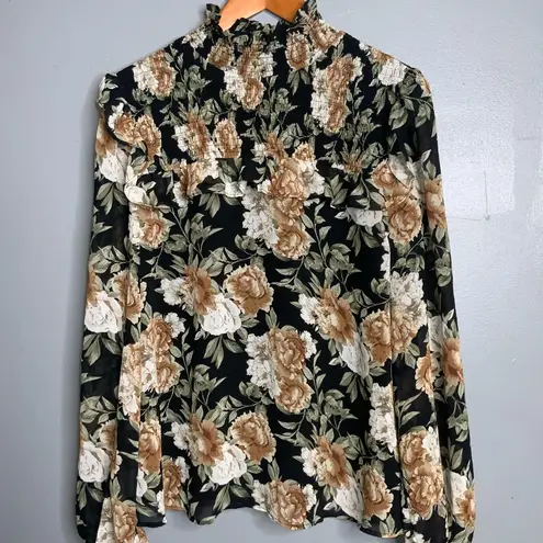 En Saison Black Cream & Olive Floral Long Sleeve Smock Ruffle Top Blouse Large