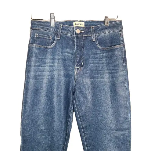 L'Agence Kendra High Rise Crop Flare Jeans Zip Raw Hem Regal Coated Women's 28