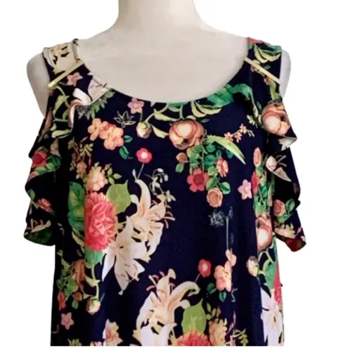 Rafaella Dress Blue Pink Yellow Floral Cold Shoulder Short Sleeve Dress Large