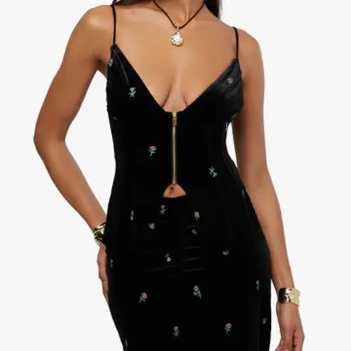 We Wore What Sz XS Black Multi Embroidered Velvet Ruched Midi Skirt