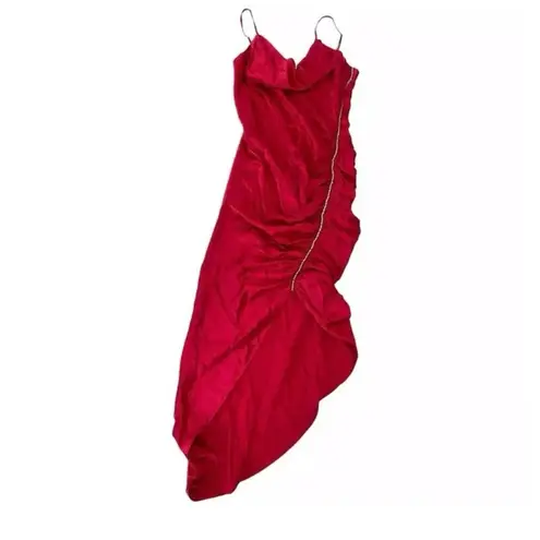 Cinq à Sept Cinq a Sept Emila Ruched Crystal Silk Satin Hi/Low Mid Dress Rhinestone Trim A16