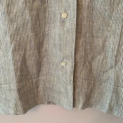 Quince Blue White Stripe Button Down Short Sleeve Blouse 100% Linen Women Small