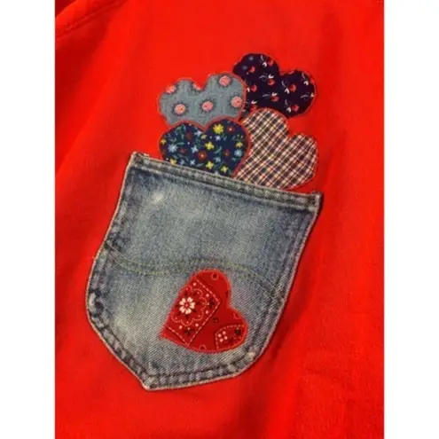 Hanes  Red Sweatshirt X-Large With Denim Heart Pocket & Patchwork Appliqué