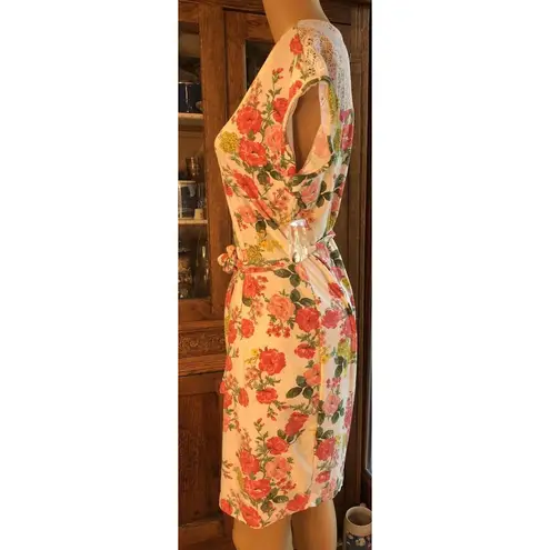 Bobbie & Brooks NWT Bobbie Brooks Pink Orange Floral Short Sleeve V Neck Belted Dress Small